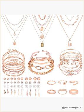 65 Piece Gold Jewelry Set Necklace Bracelet Ring Earrings Women Fashion Costume